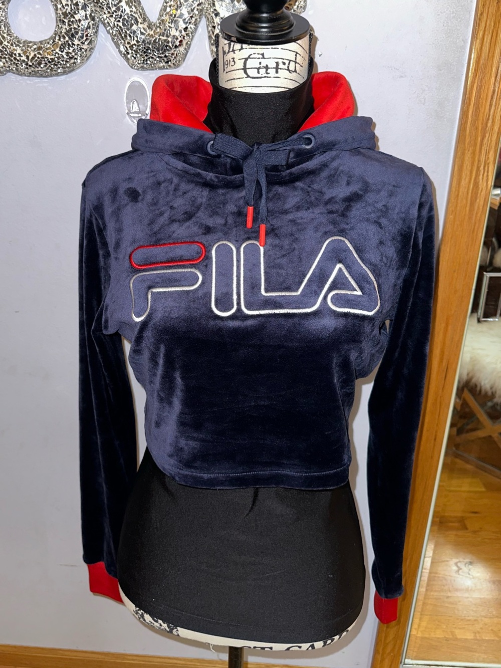 🔴Fila Navy Velour Cropped Hoodie with Red & White Logo